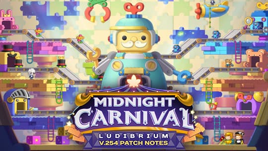 Ein Spielzeugarbeiter und Förderbänder neben dem Midnight-Carnival-Schild