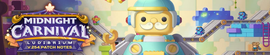 A toy worker and conveyor belts beside the Midnight Carnival sign