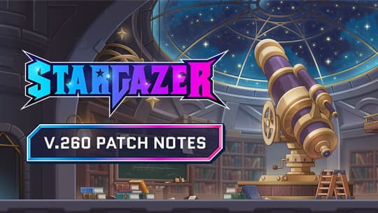 Observatoriumsteleskop, Sternbildkuppel und Bücherregale hinter STARGAZER- und V.260-PATCH-NOTES-Bannern