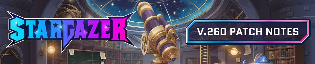 Observatoriumsteleskop, Sternbildkuppel und Bücherregale hinter STARGAZER- und V.260-PATCH-NOTES-Bannern