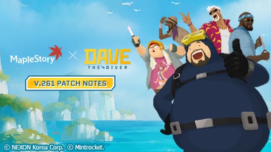 Dave und seine Begleiter am Blue Hole unter den Logos von MapleStory und DAVE THE DIVER