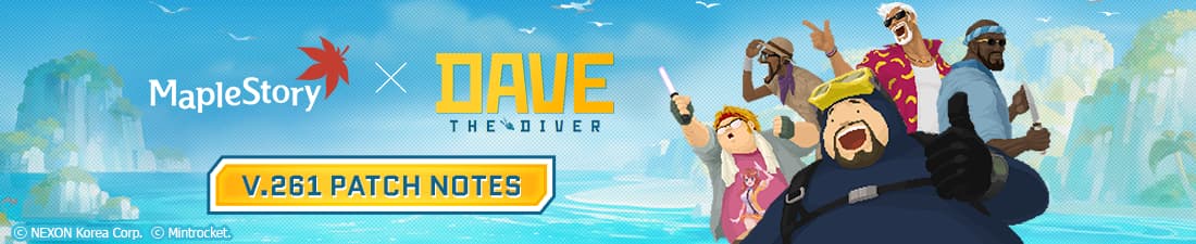 Dave and his companions at the Blue Hole beneath the MapleStory and DAVE THE DIVER logos