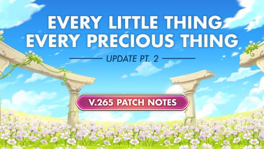 Banner des zweiten Every Little Thing Every Precious Thing-Updates zwischen sonnigen Säulen und Blumen