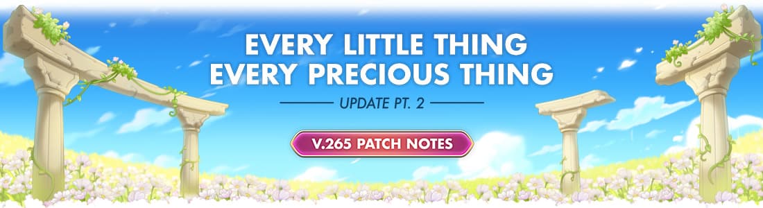 Banner des zweiten Every Little Thing Every Precious Thing-Updates zwischen sonnigen Säulen und Blumen