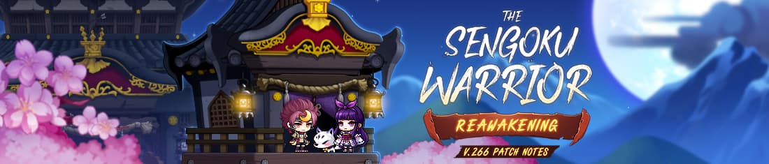 Hayato, Kanna and Haku outside a moonlit temple with cherry blossoms and the Sengoku Warrior Reawakening title