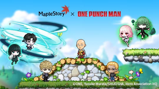 Saitama, Genos und weitere One-Punch-Man-Figuren zwischen MapleStory-Abenteurern auf grünen Henesys-Plattformen