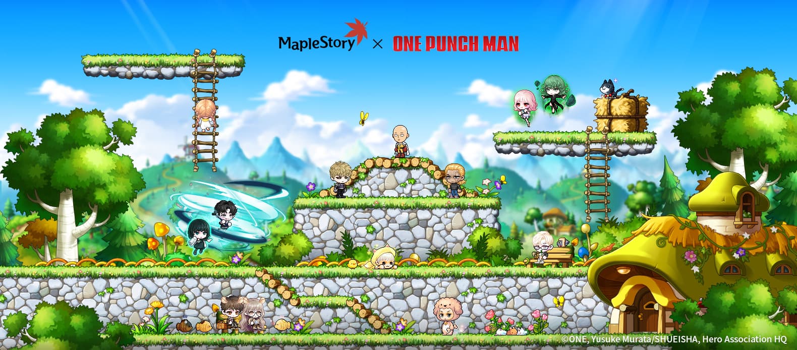 Saitama, Genos and other One-Punch Man characters among MapleStory adventurers on grassy Henesys platforms