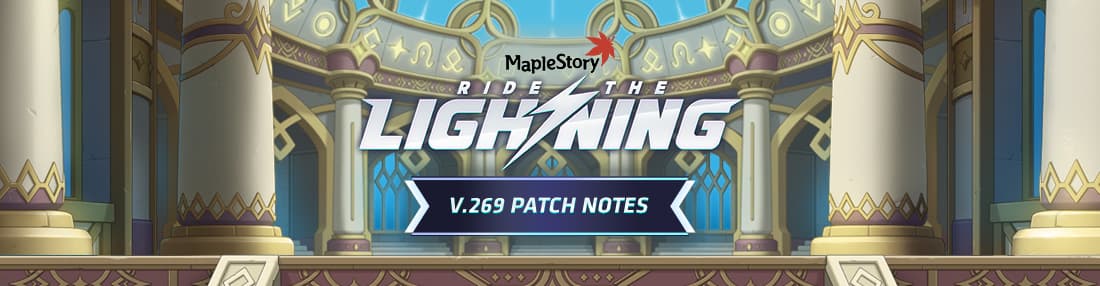 Ride the Lightning v.269 banner inside a hall with gold-trimmed pillars and blue windows