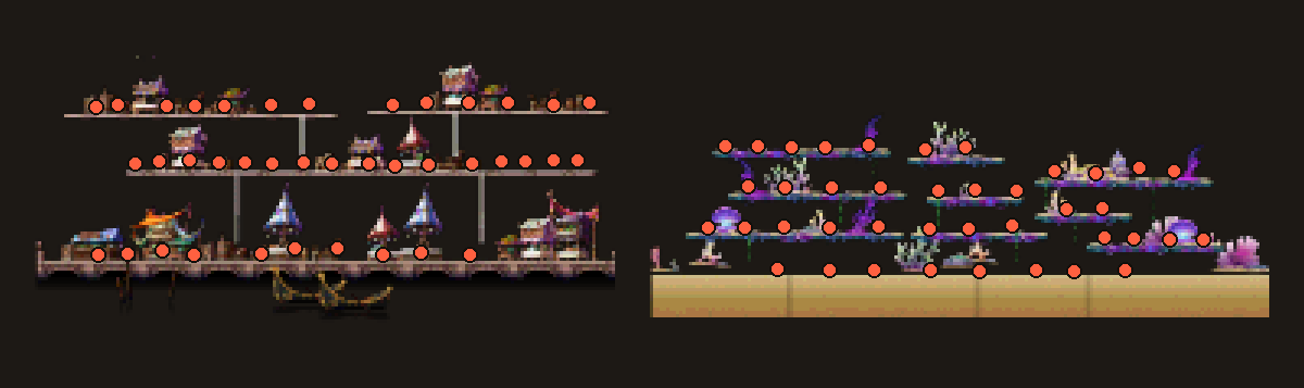 Minimaps of Chicken Festival 3 and Calm Beach 2 with a dot on every monster spawn point
