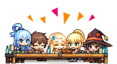 KONOSUBA-Gruppe am Tisch des Adventurer Guild Chair