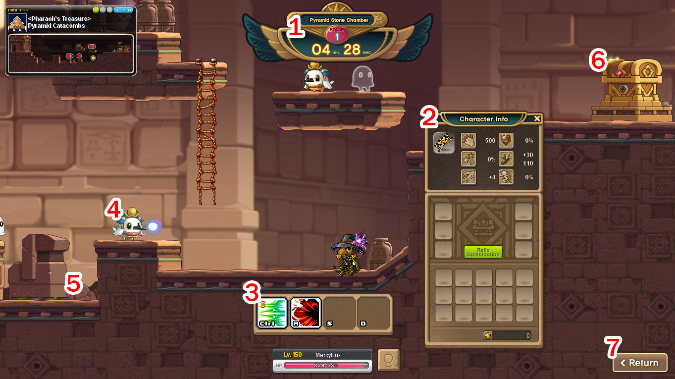 Kampf in Pharaoh's Treasure mit Abschnittstimer, Fertigkeitsplätzen, Relic-Inventar und Fallen