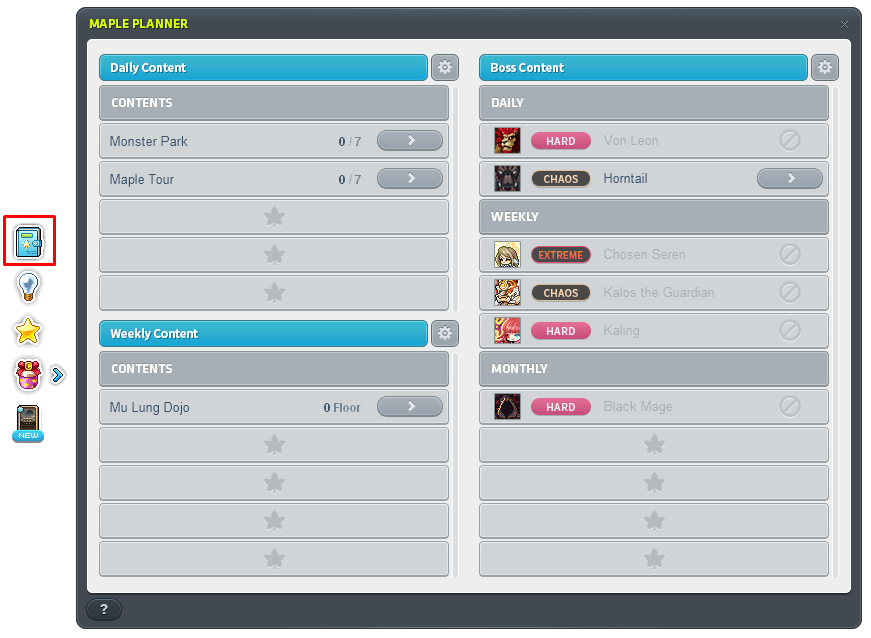 Maple Planner avec activités quotidiennes, hebdomadaires et boss