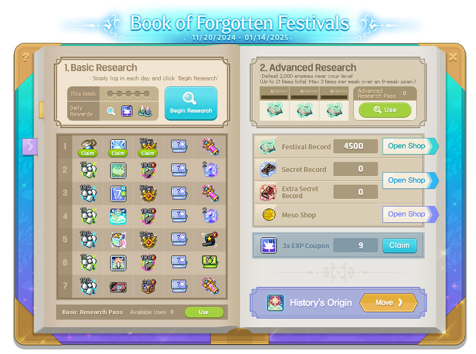 Book of Forgotten Festivals avec Basic Research, trois places hebdomadaires Advanced Research et trois monnaies