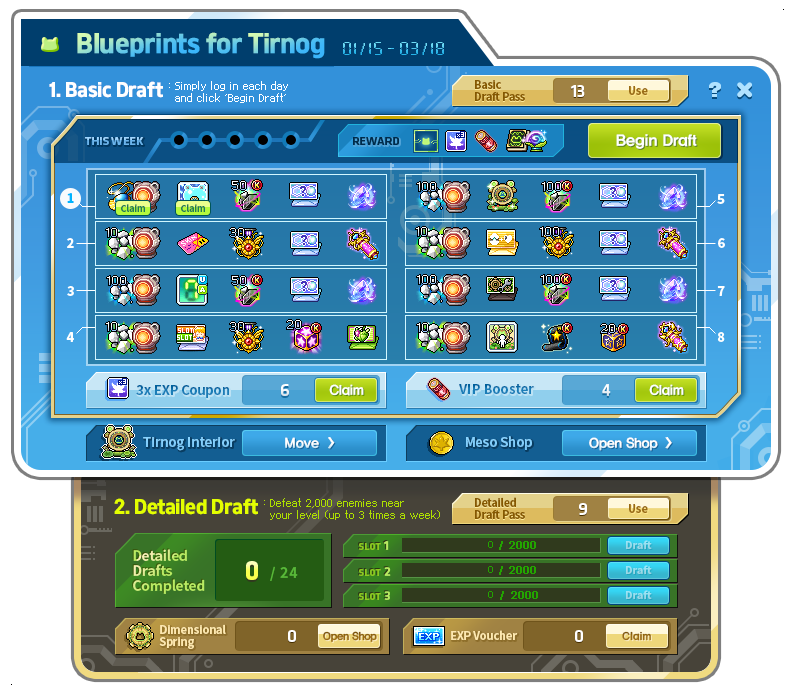 Blueprints for Tirnog Basic and Detailed Draft reward and mission panels