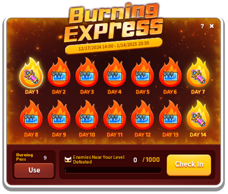 Burning Express fourteen-day reward track with growth potions at days one, seven and fourteen