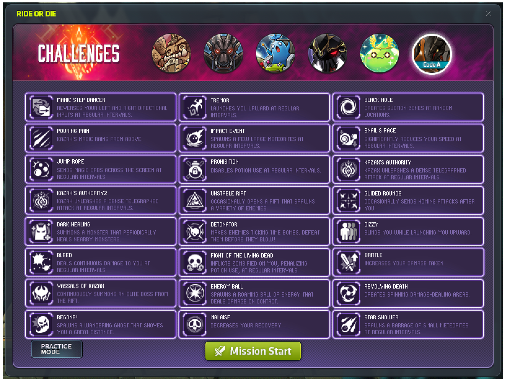Ride or Die challenge panel listing added hazards such as input reversal, potion lock and meteor showers