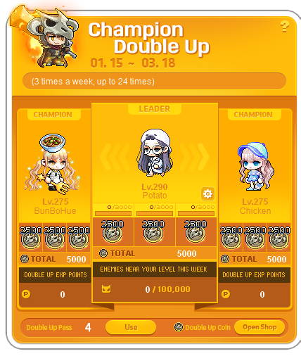 Champion Double Up panel with a Leader and two Champions, weekly kills and personal coin totals