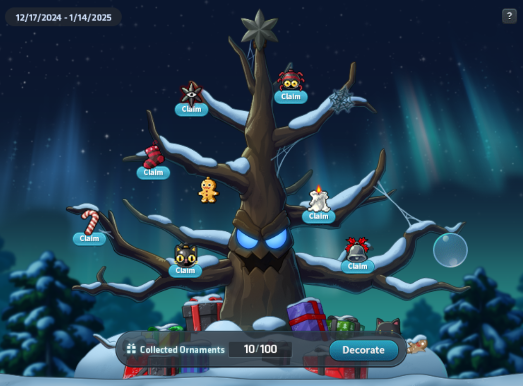 Dark Maplemas ornament tree with individual reward claim buttons