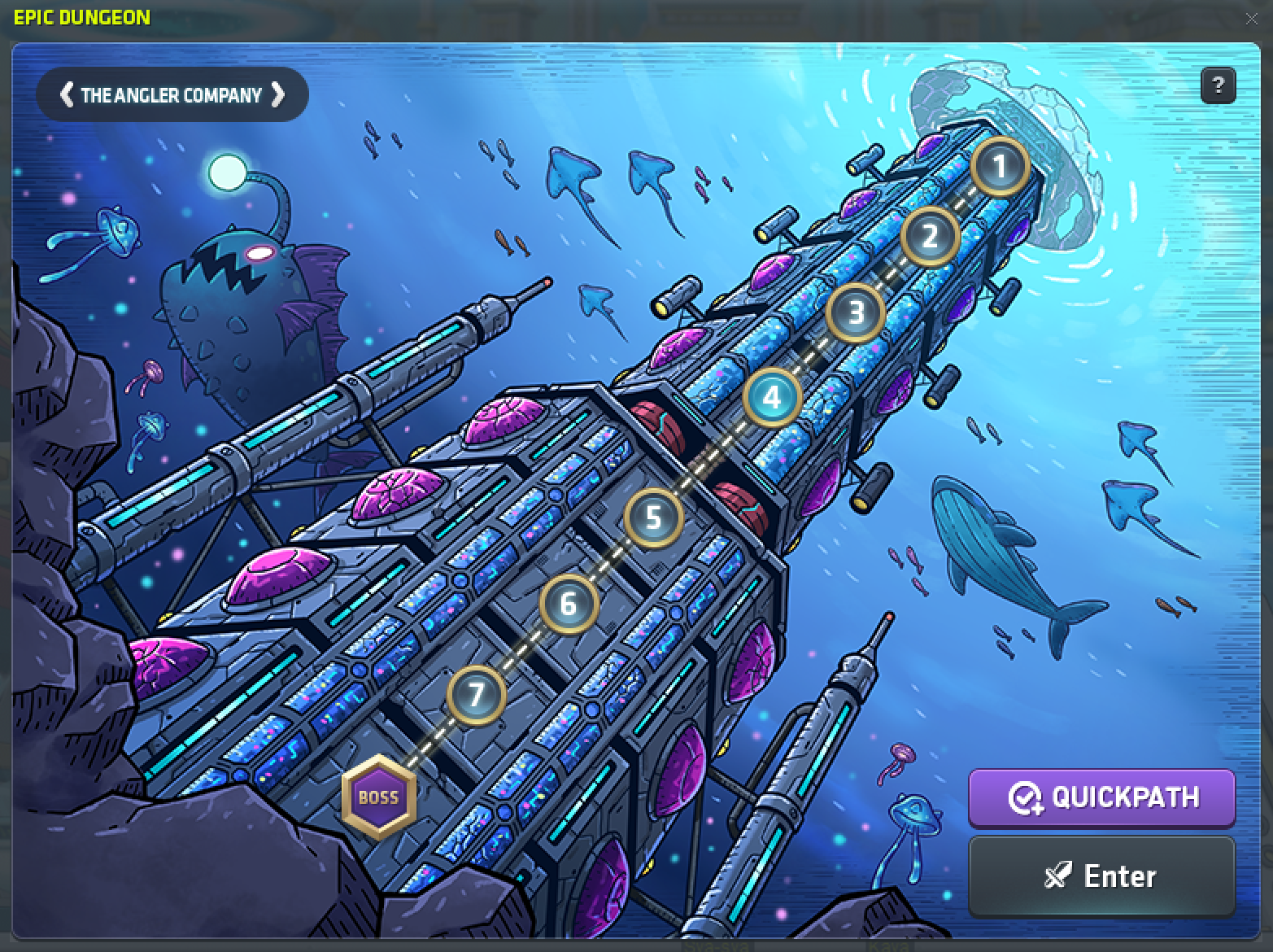 Angler Company Epic Dungeon stage map with eight stages inside an underwater facility