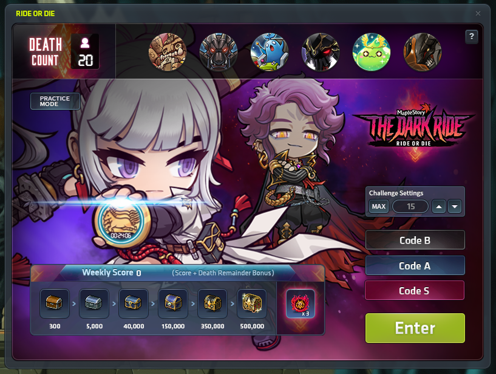 Ride or Die boss selection showing six encounters, Code B/A/S and twenty remaining lives