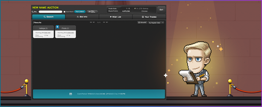 New Name Auction search interface beside Mr. Newname