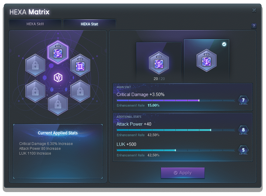 HEXA Stat panel with Stat Nodes I and II and their applied stat totals