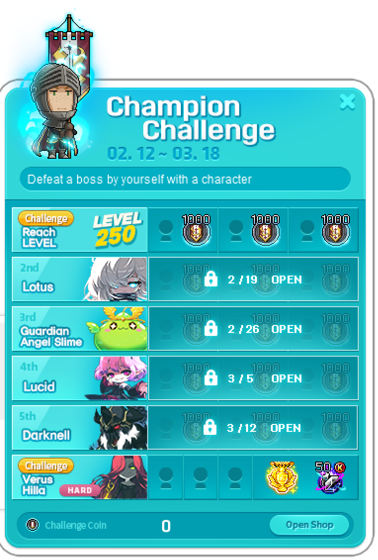 Champion Challenge mission list with weekly boss unlock dates and Hard Verus Hilla