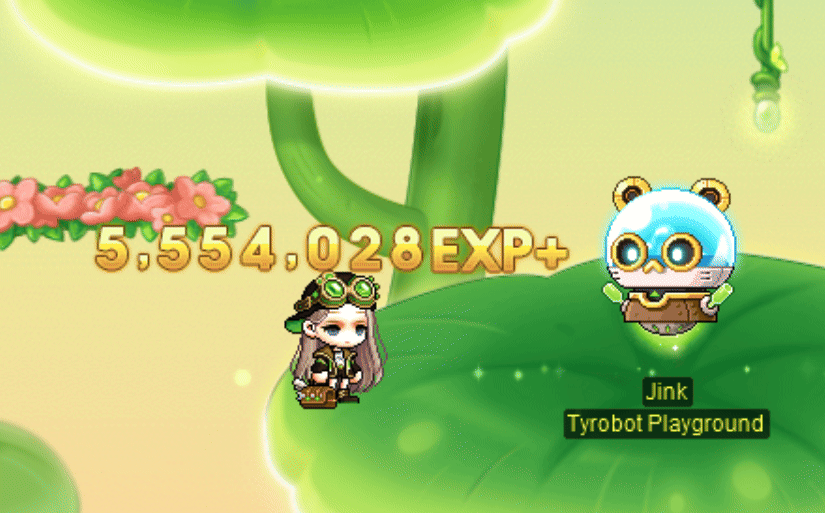 A character receiving EXP beside Jink in Tyrobot Playground