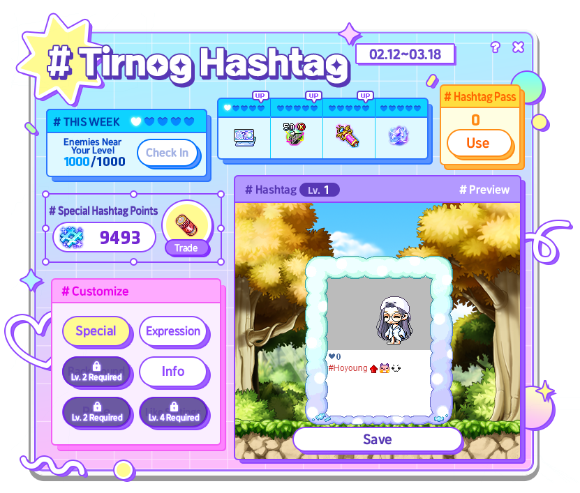 Tirnog Hashtag customization window with a chair preview, check-in rewards and special points