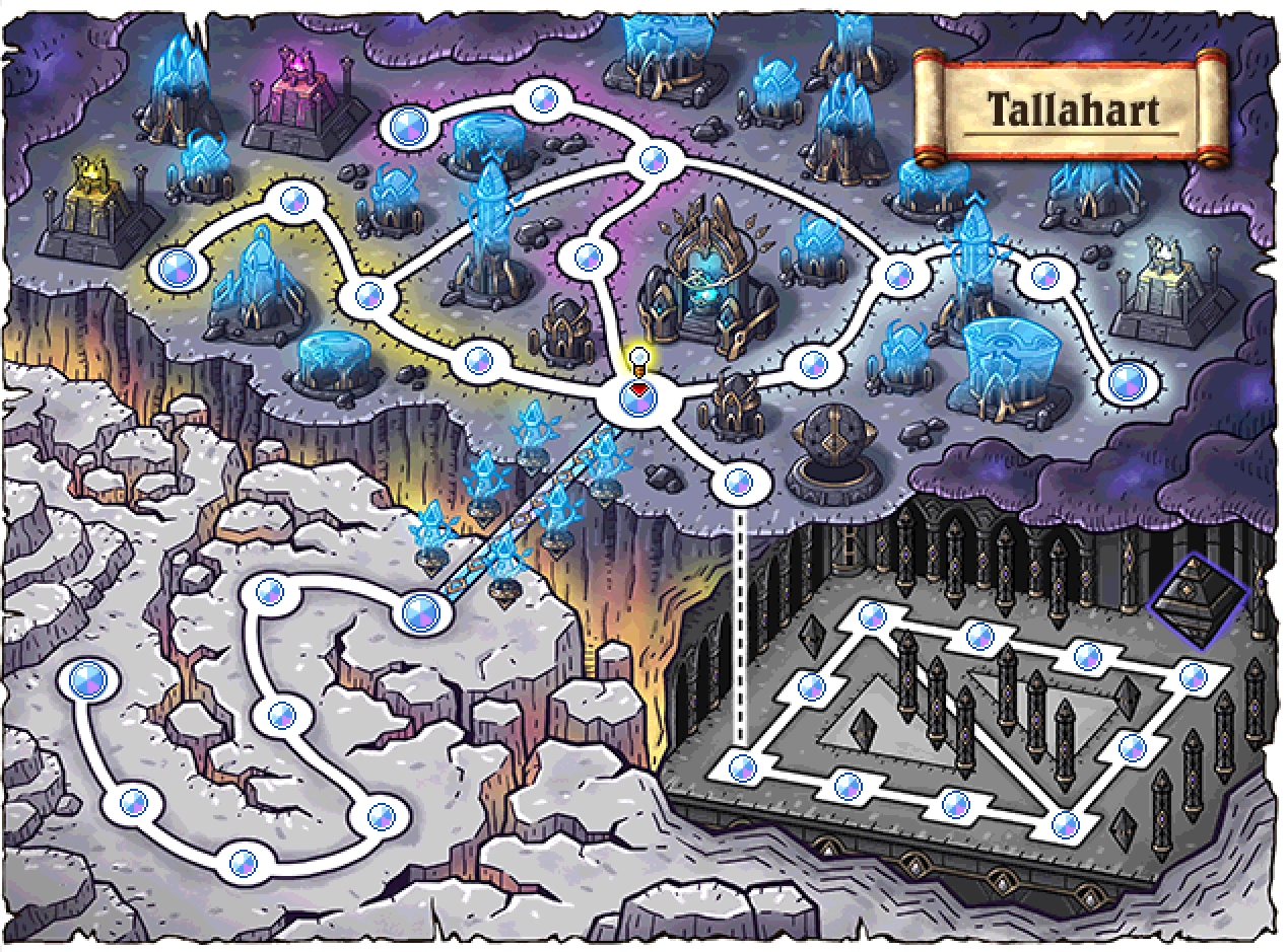 Tallahart world map connecting the ashlands, city altars and sanctum