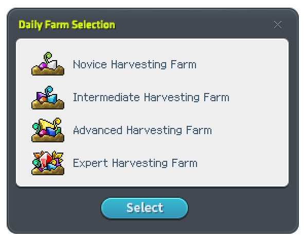 Novice, Intermediate, Advanced und Expert in der täglichen Farmauswahl