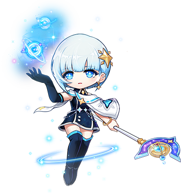 Weißhaarige Sia Astelle mit Celestial-Light-Stab und blauen Sternbildeffekten