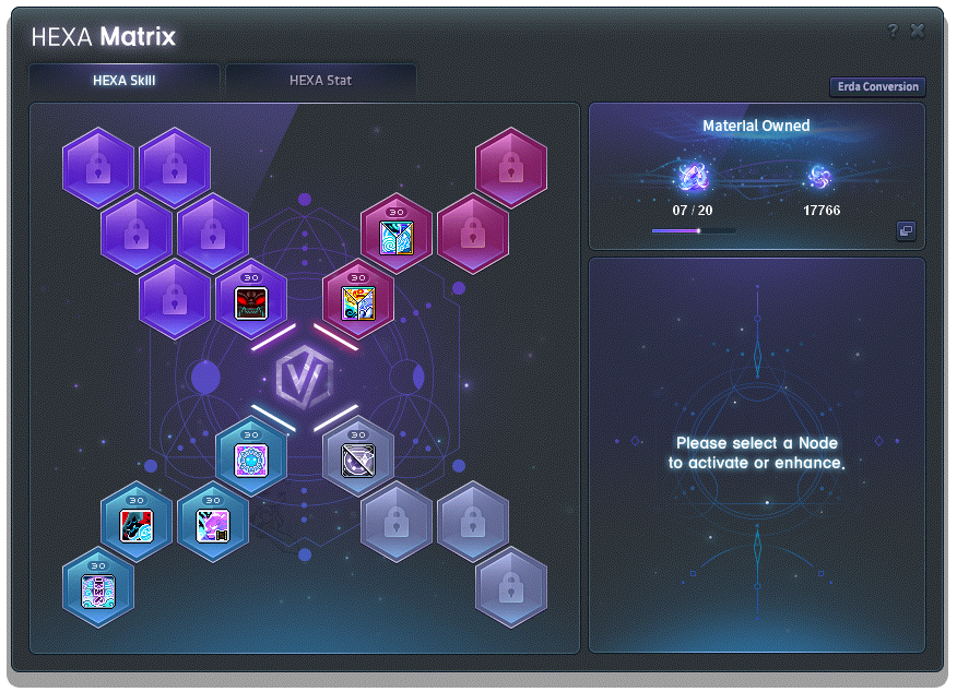 HEXA Matrix mit Erda-Conversion-Schaltfläche neben Sol Erda und Fragmenten im Besitz