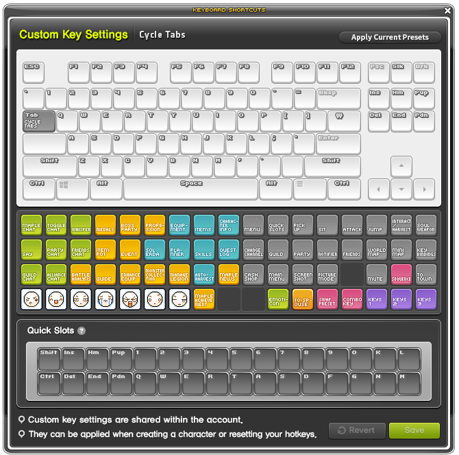 Custom-Key-Settings-Tastatur und Quick-Slot-Layout mit accountweiten Standardwerten