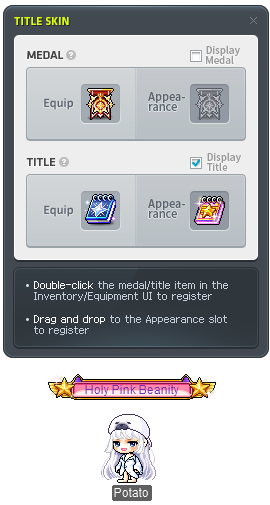 Medal- und Title-Plätze für Equip und Appearance mit getrennten Anzeigeumschaltern