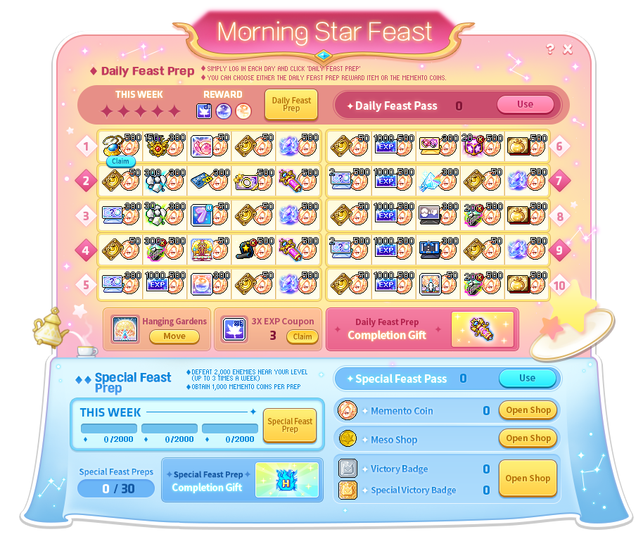 Tägliche Gegenstands-oder-Münz-Wahl des Morning Star Feast, fünfzig Belohnungsplätze und Special-Feast-Fortschritt