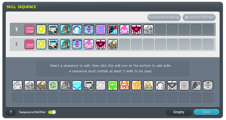 Skill-Sequence-Editor mit zwei eingerichteten Reihen, einzelnen Fähigkeiten und Sequenzanzeige