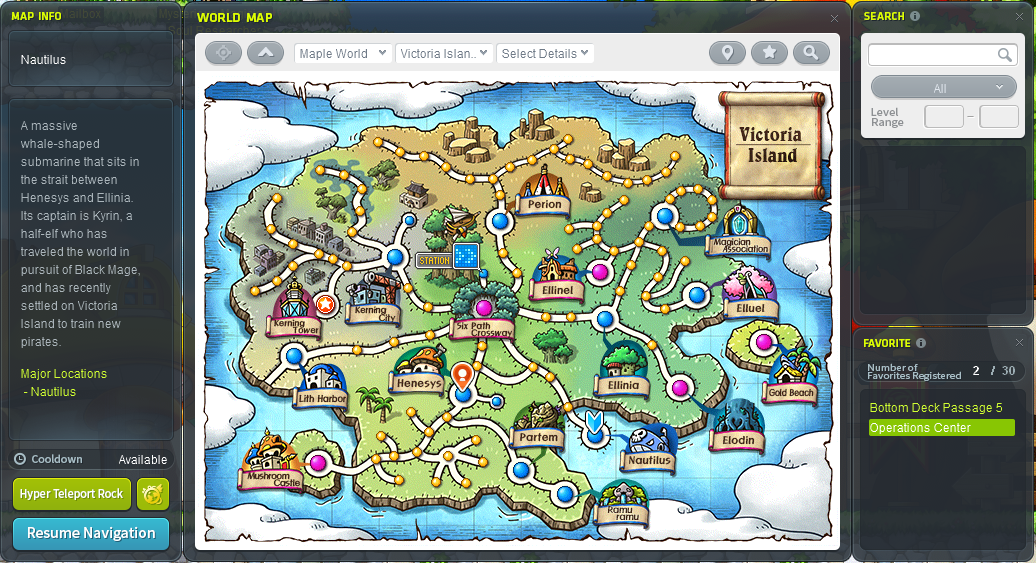 World Map mit Victoria Island, Map Info, Suche, Favoriten und integriertem Hyper Teleport Rock