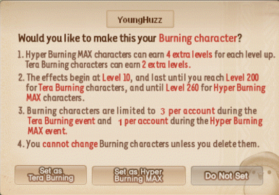 The choice between Tera Burning and Hyper Burning MAX at character designation