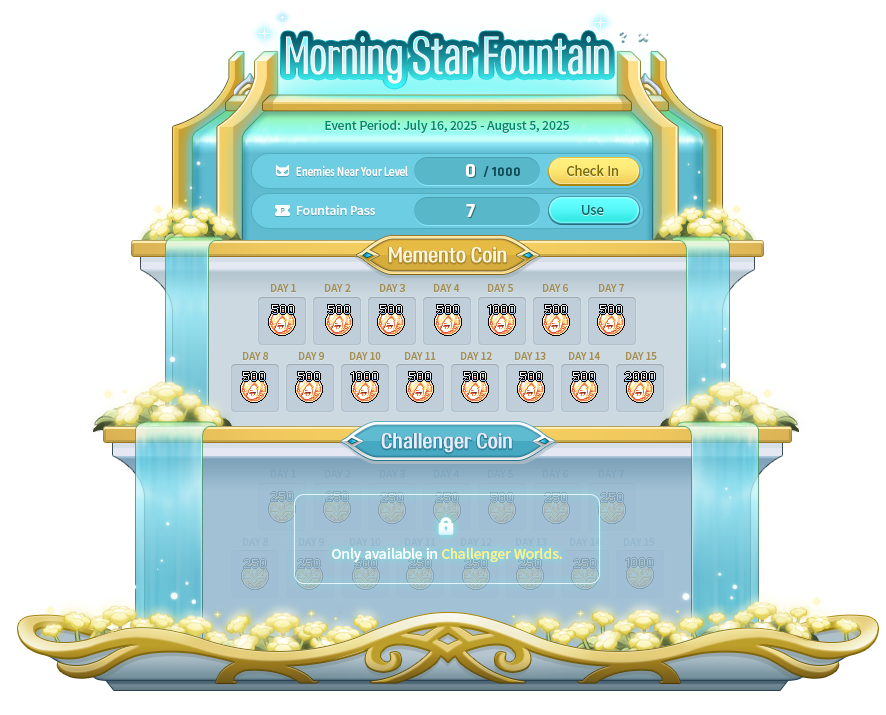 Morning Star Fountain check-ins with separate Memento and Challenger Coin rows