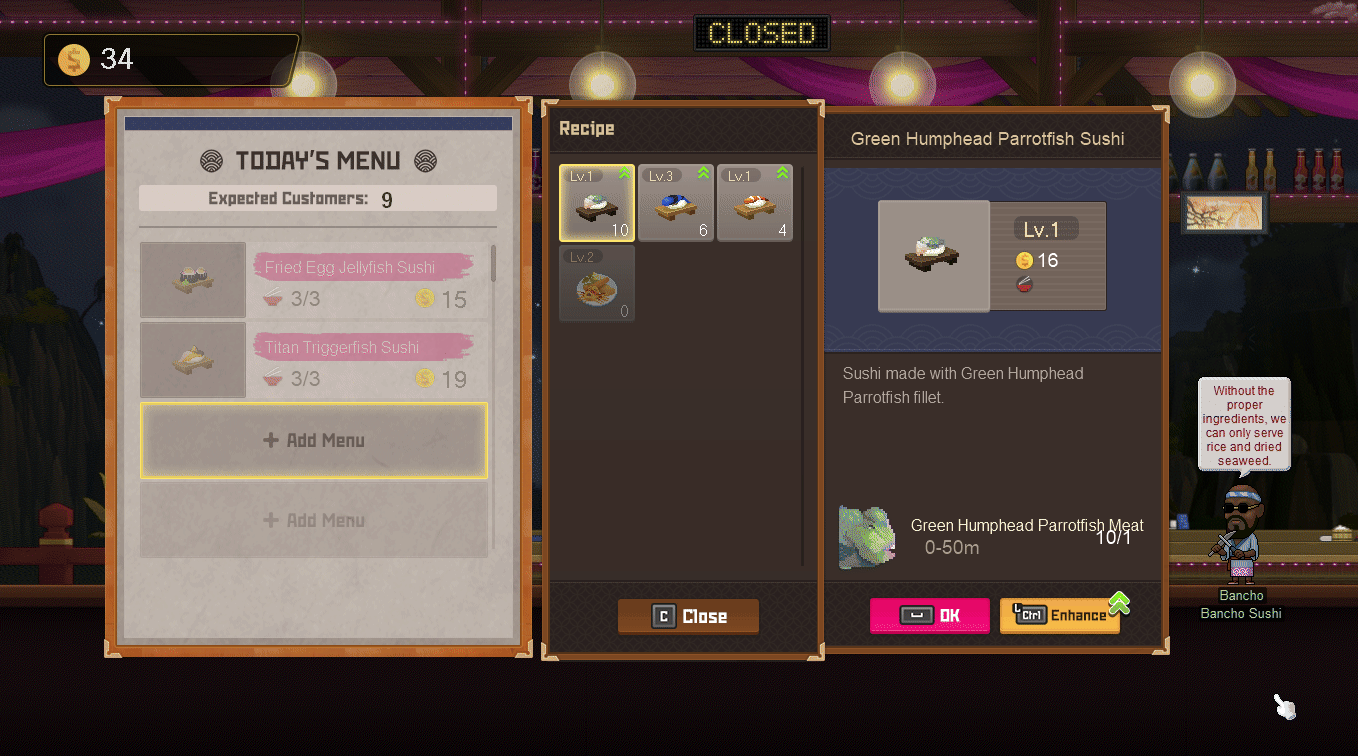 Recipe details and the Enhance control for a sushi dish