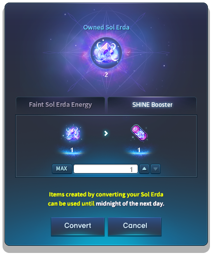 Sol Erda conversion screen with one SHINE Booster as the output