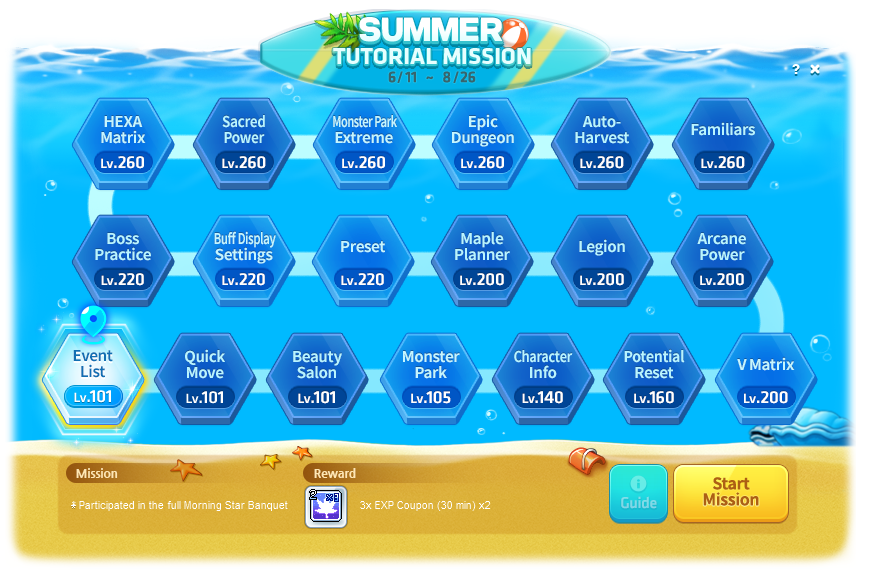 Summer Tutorial Mission's level-gated activities