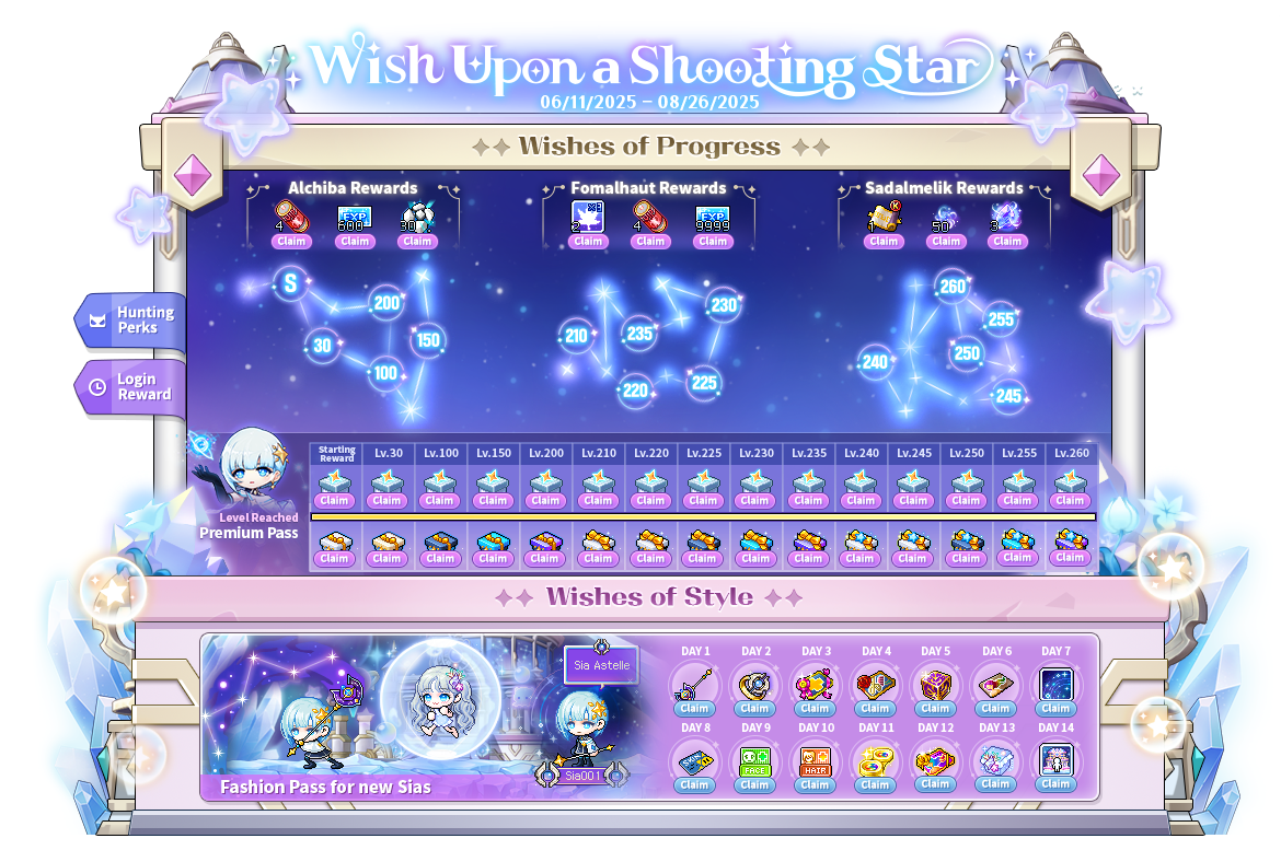 Sia's constellation milestones, Premium Pass and Wishes of Style rewards