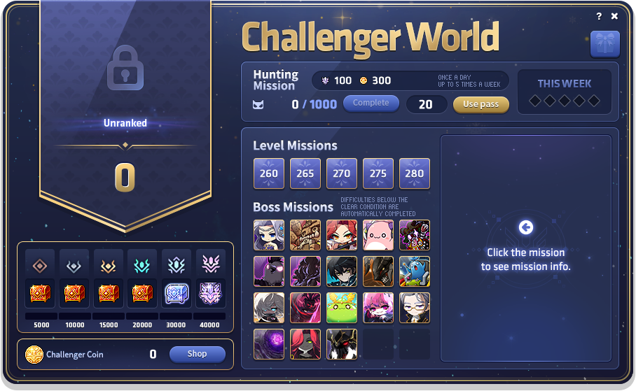 Challenger World mission panel with level milestones, boss objectives and six point tiers