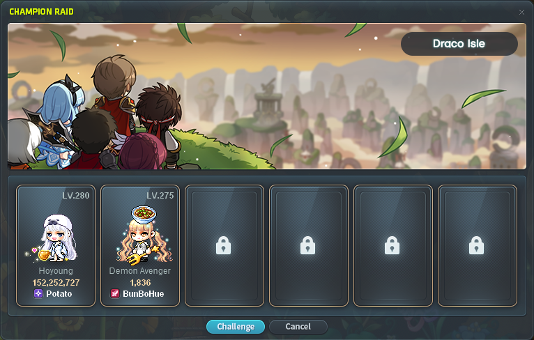 Draco Isle Champion Raid selection showing two assigned characters and the Challenge button
