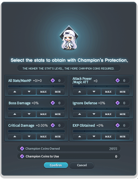 Champion Protection panel with six stat choices, level controls and the coin cost before confirmation