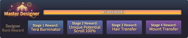 Master Designer progress at 4,500 coins and the four rank reward buttons