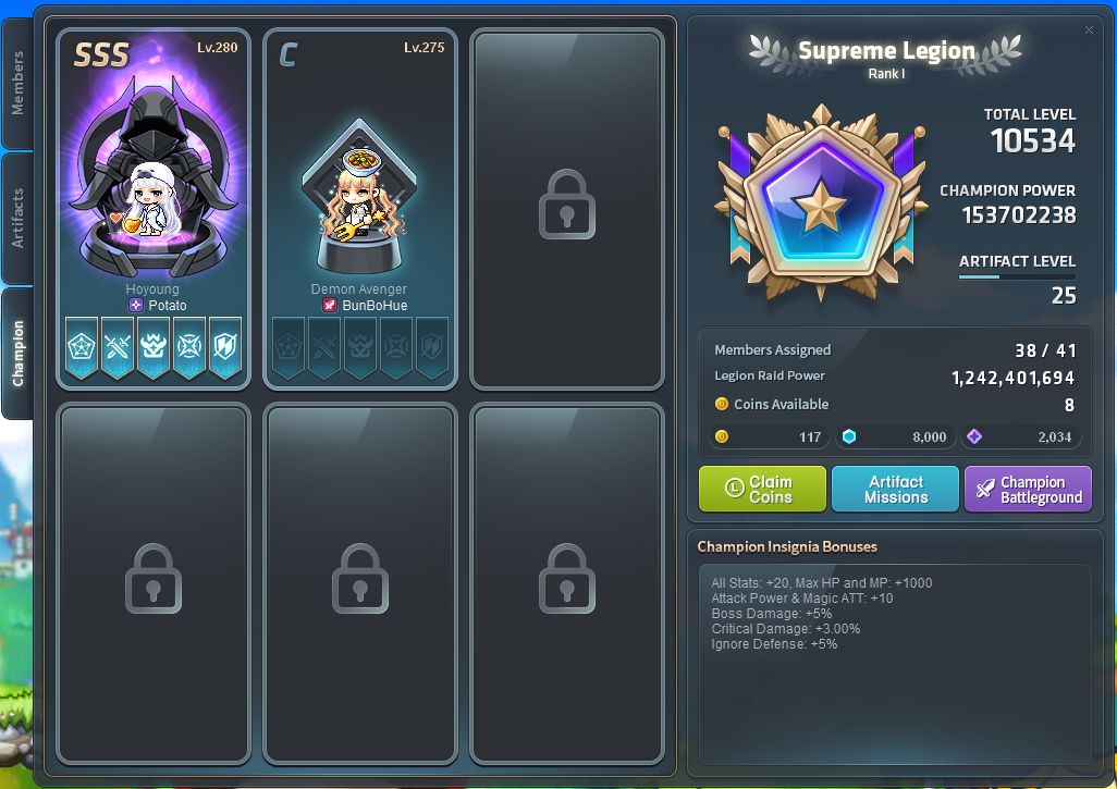 Legion Champion tab with two assigned Champions, locked slots and insignia bonuses