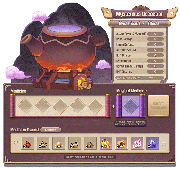 Mysterious Decoction cauldron with five ordinary ingredient slots and a separate Magical Medicine slot